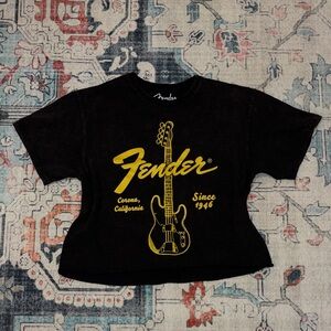 Fender crop top Black Tee with Yellow Graphic